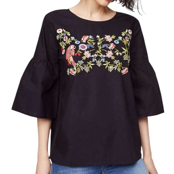 LOFT Tops - Loft Embroidered‎ Bell Sleeve Floral Parrot Blouse Size XS